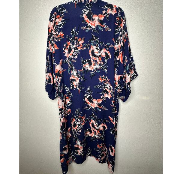 Splendid Navy Orange Ivory Multi Floral Short Sleeve Kimono Duster S - Picture 11 of 15